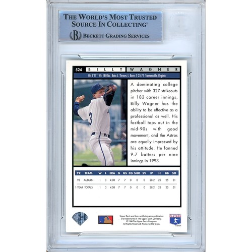 1994 Upper Deck #524 Billy Wagner Signed Card AUTO RC Beckett BAS Slabbed HOF - Picture 2 of 5