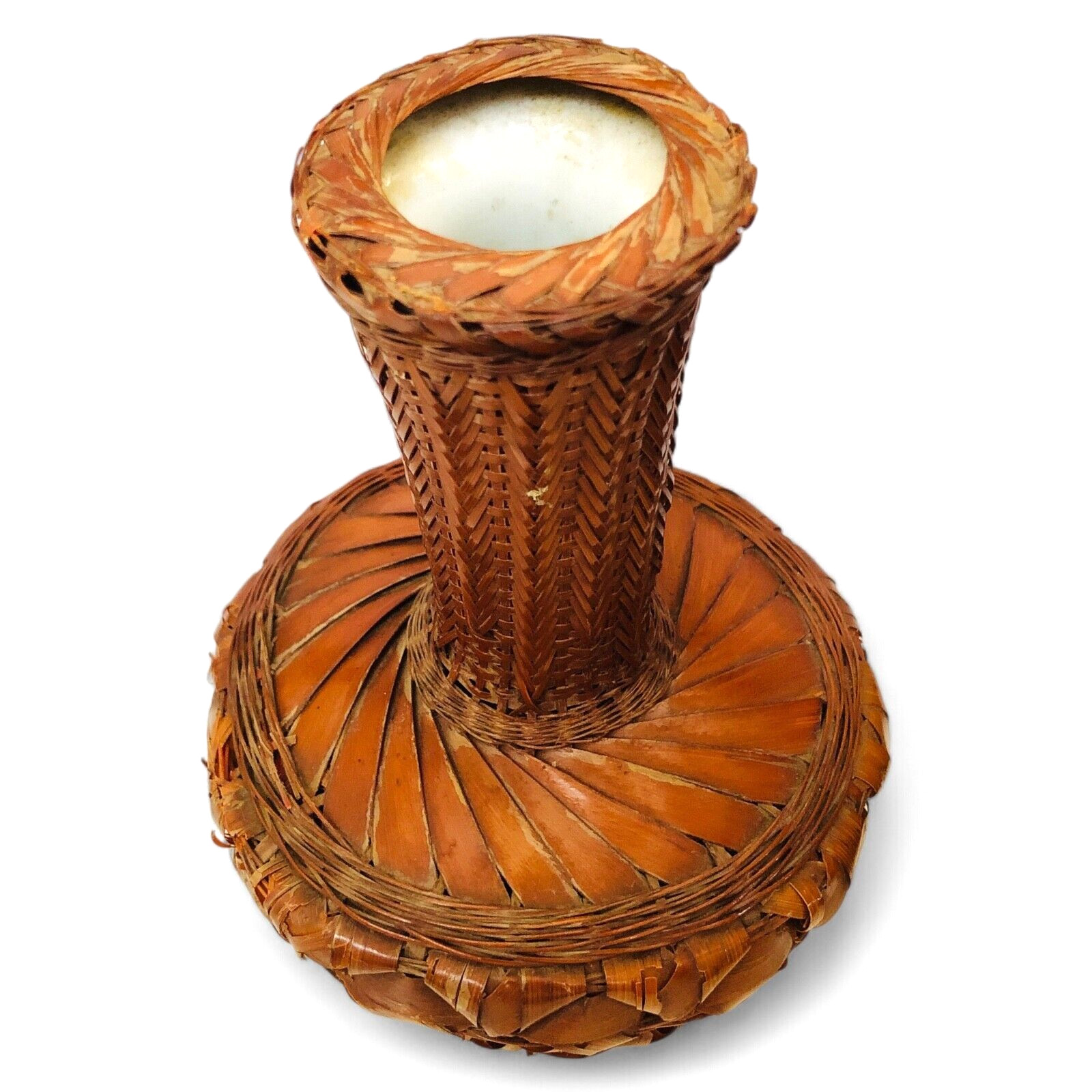 Japanese Bamboo Wicker Ikabena Vase Handcrafted Lacquer Boho Rustic Style V41