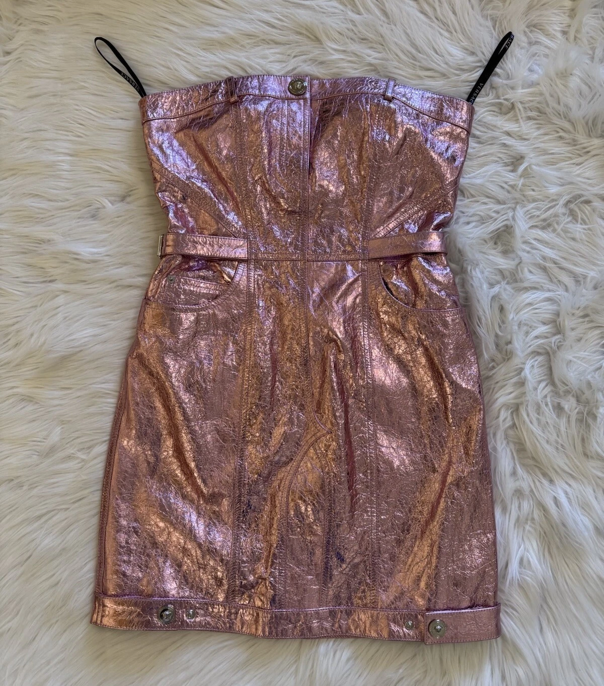 Versace x Dua Lipa New Rock Millennium Mini Abito Pelle Laminata Rosa 44