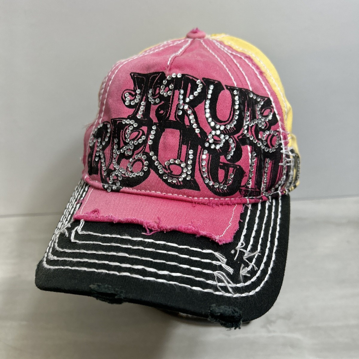 True Religion Hat OS Womens Pink Yellow Logo Distressed  display picture 2