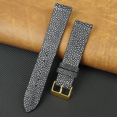 19mm Black Flat Stingray Leather Watch Band Gold Buckle Watch Strap Men Classic