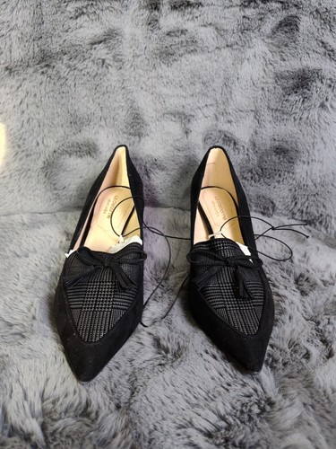 Liz Claiborne LC Athea Heel 6 1/2W Black Plaid Fabric Slip On Tassel Bow Pump - Picture 2 of 20