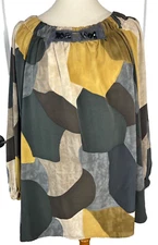 Simply Vera, Sz.M Multi Color Earth Tones Gathered Boat Neck Long Sleeve Peasant