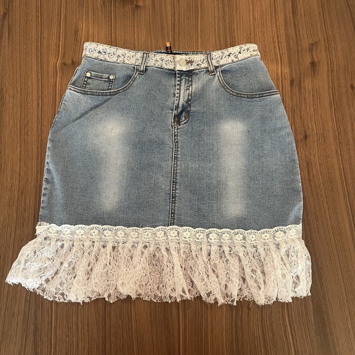 Denim And Lace Skirt Midi Denim Skirt With Floral Lace Detailing