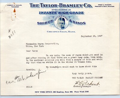 1927 Taylor-Bramley Infant Shirts Bands Taylormade Letterhead Chicopee Falls MA