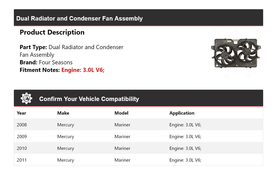 For 2008-2011 Mercury Mariner Dual Radiator and Condenser Fan Assembly 4 Seasons - Image 2 of 4