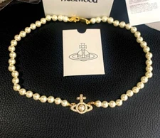 Vivienne Westwood OLYMPIA PEARL Necklace Pearl Gold choker 38cm with drawstring