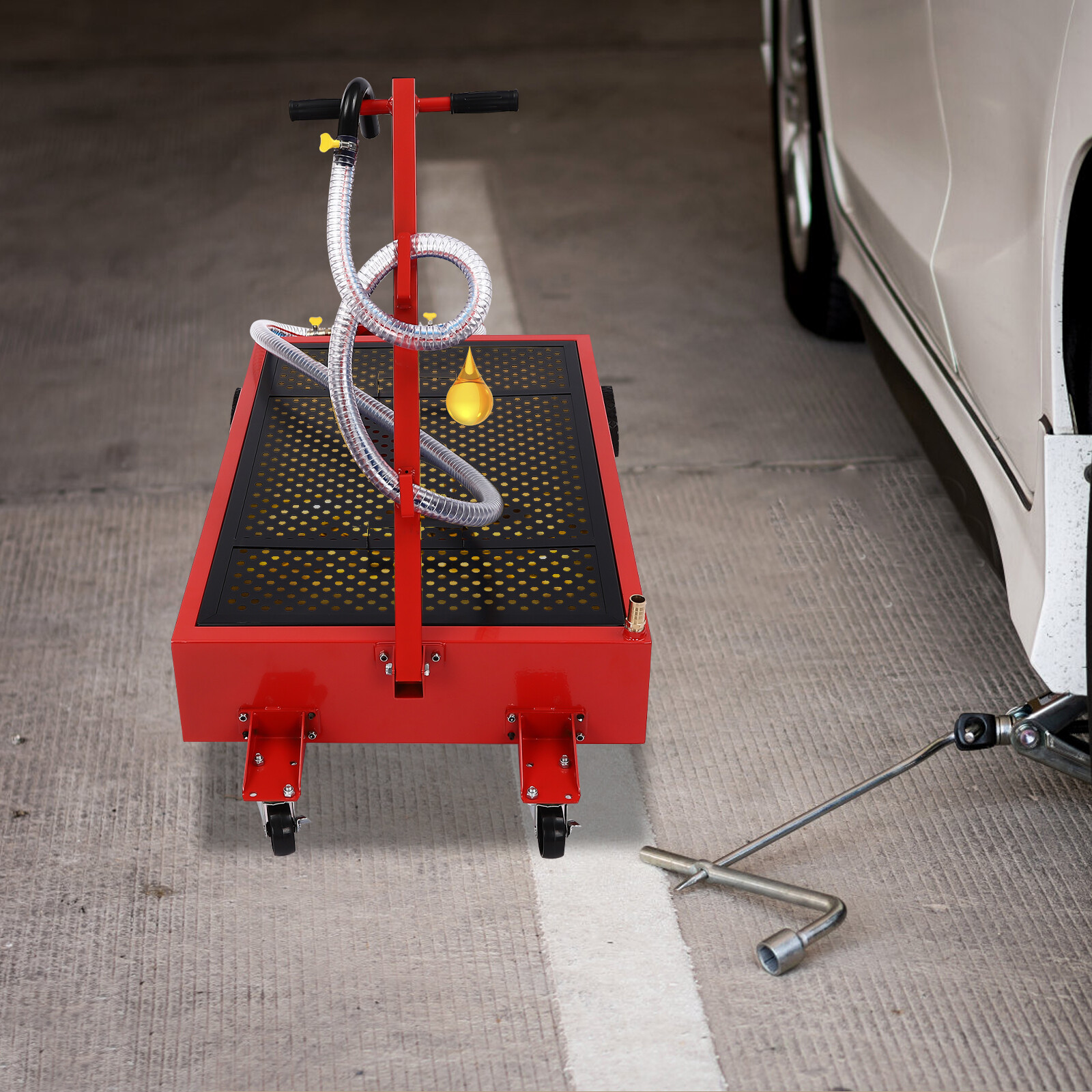 Low Profile Oil Drain Pan 20 Gallon Oil Drain Cart w/ 110W Manual Pump & Hose