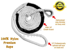 3 Strand Mooring Line Pendant Nylon Rope 1/2" X 12' with Chafe Guard and Thimble