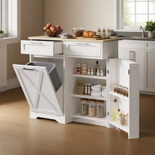 Tilt Out Trash Can Cabinet 10 Gallon Kitchen Island w/ Drawers Adjustable Shelve
