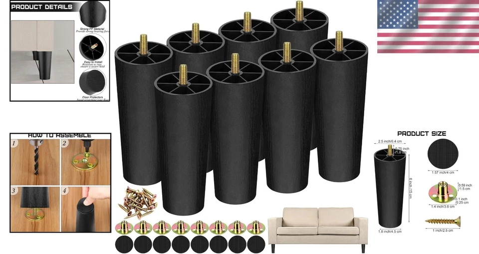 16 Pack 6 Inch Plastic Furniture Legs Set - Black - Image 2 of 4