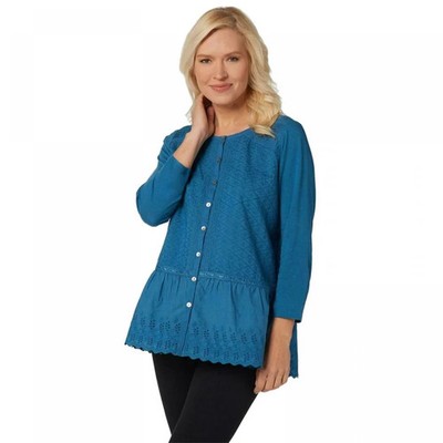 LOGO Lavish by Lori Goldstein Woven Top 2X Blue Button Front Eyelet Embroidered
