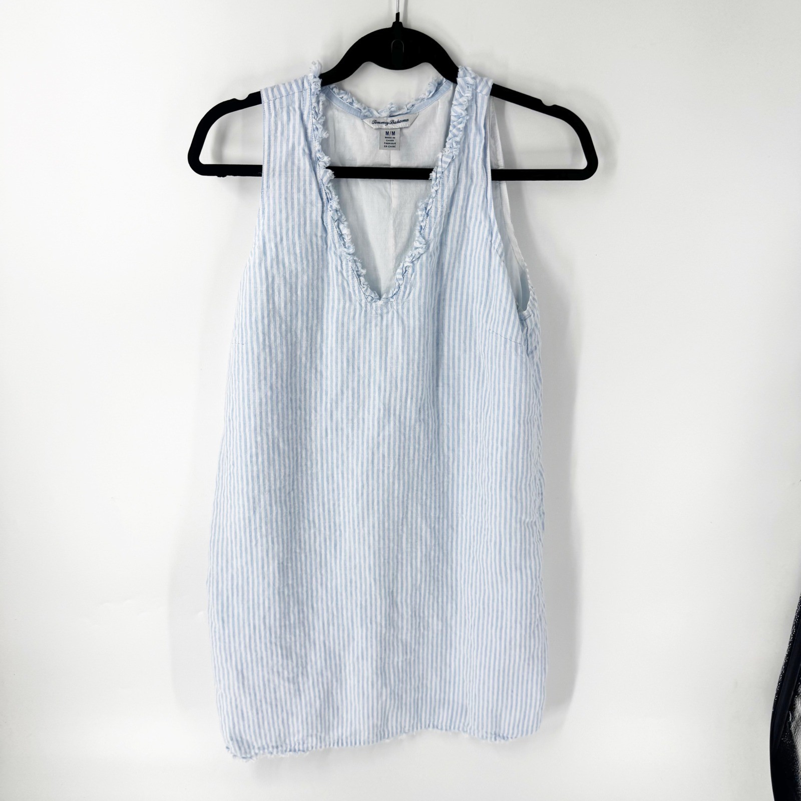 Tommy Bahama Womens Blue White Striped Linen Ruffle V-Neck Shift Dress Medium