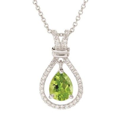 Halskette mit Anhänger 1,75 kt natürlicher Peridot im Birnenschliff 14 kt Weißgold vergoldet Heiligenschein 925