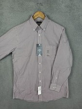 Van Heusen Shirt Mens 15.5 32/33 White Burgundy Stripe Regular Fit Wrinkle Free