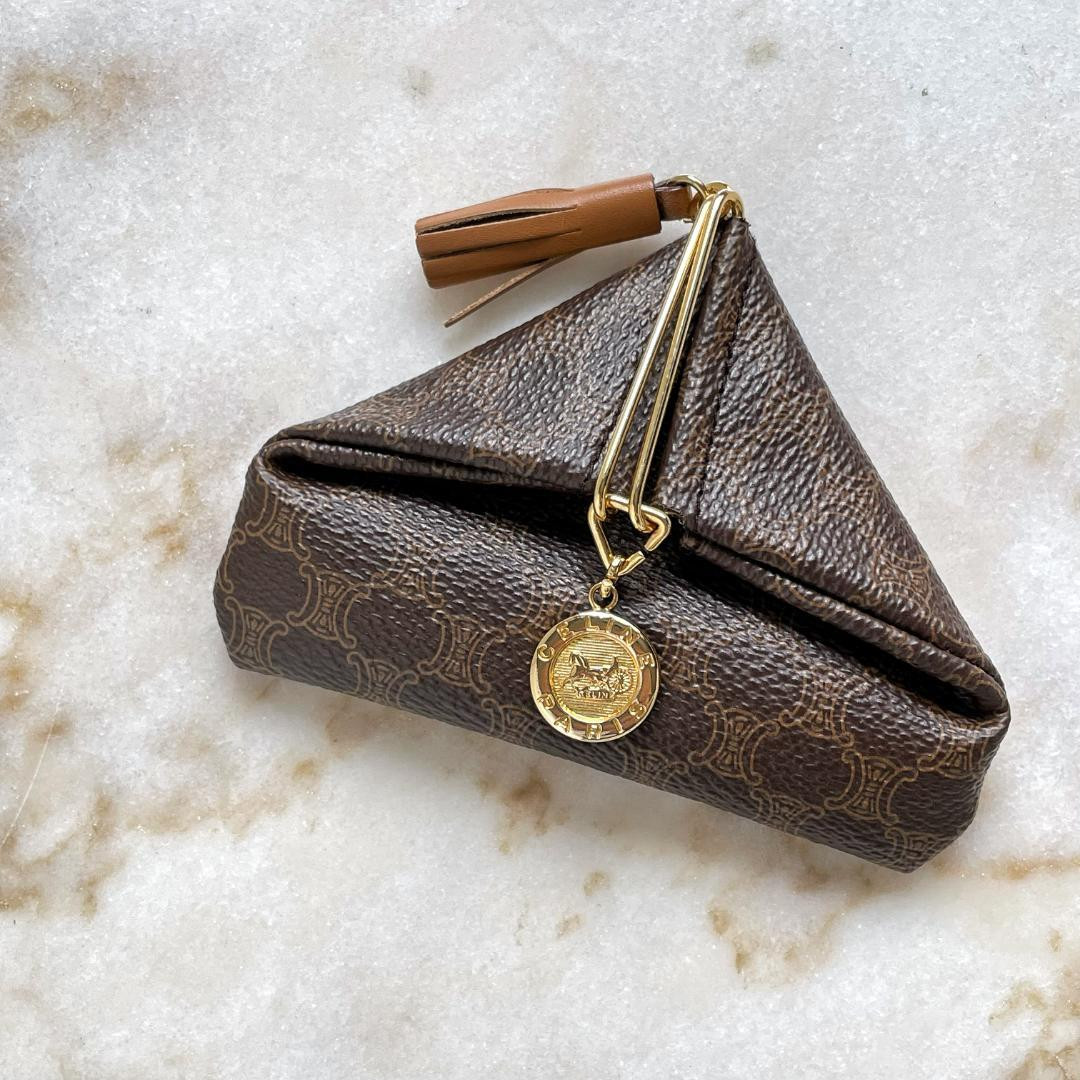 Celine Old Macadam Triangular Coin Case Brown Pvc… - image 1