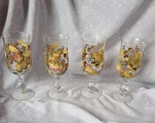 4 ~ Zrike Hand Painted Harvest Leaves Acorns Wine Drink Goblets Glass Stems Rare