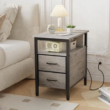 End Table with Charging Station, Narrow Side Table with 2 Fabric Drawer & Storag
