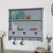Large Grey Wall Shelf with Heart Drawer Storage farmhouse country wall shelving