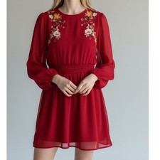 ASOS Red Embroidered Sheer Sleeve Mini Dress Elastic Waist Keyhole Back Size 8