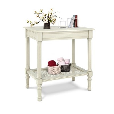 24'' Mid Century Side Table with Rattan Shelf, 2-Tier End Table for Small Space