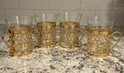 4 VTG Royal Krona Sweden IRISH COFFEE Expresso Tea Cups Mugs Metal Glass 3.75''T