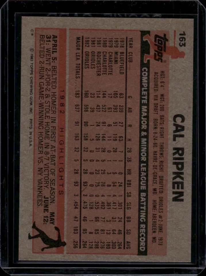 1983 Topps #163 Cal Ripken Jr. Baltimore Orioles cartão de beisebol quase perfeito-perfeito novato controle remoto - Imagem 2 de 2