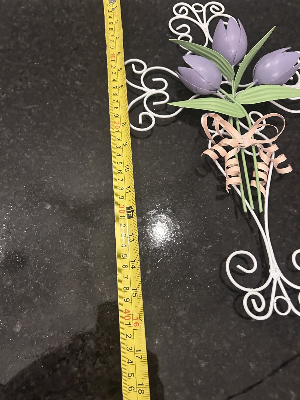 Vintage Metal Wall Cross 16"x11" White Scrollwork w/ Purple Tulip Flowers