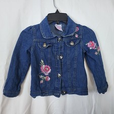Vintage Nannette Kids Girls Pink Floral Embroidered Blue Denim Jacket Size 4