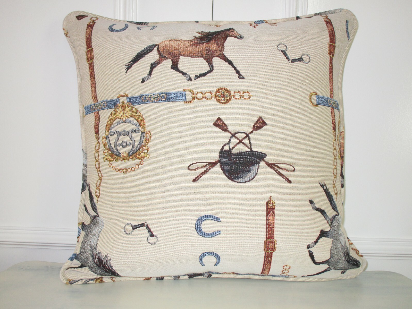 Housse de coussin d'équitation beige et bleu 45x45 cm pour canapé de salon