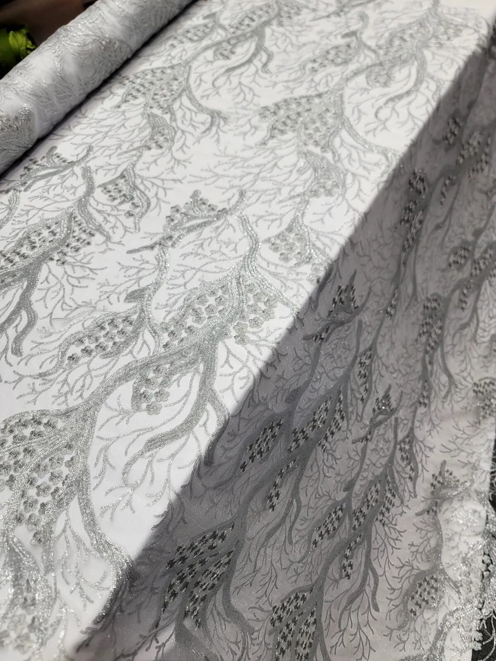 Silver sequin lace floral flowers on embroidered tree fabric sold by the yard - Image 3 of 4