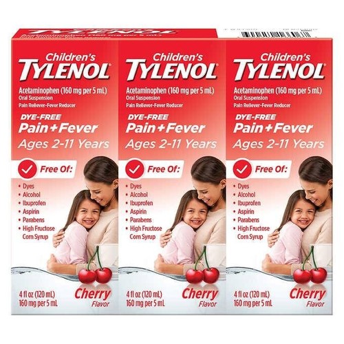 Kids Children's Tylenol Dye Free Cherry Suspension 12 Ounces (4oz X3
