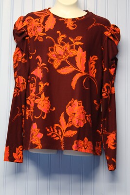 Ella Rafaella bright orange flower print stretch knit l/s pullover top PM NWT