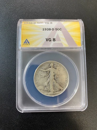 1938 D WALKING LIBERTY HALF DOLLAR ANACS VG-8 - SEMI KEY DATE - CERTIFIED - 50C
