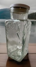Vintage Mod Depositato 11" Tall Canister Embossed Glass Painted Wooden Lid