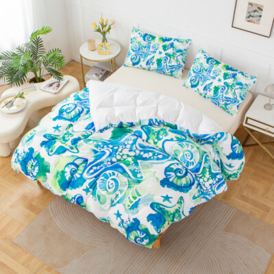 3D Watercolor Starfish Conch Quilt Cover Set Bedding Sets Pillowcases Queen