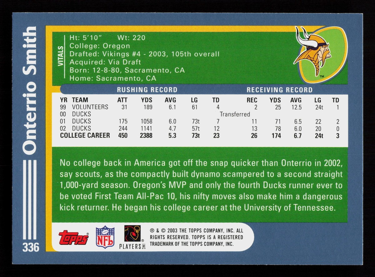 2003 Topps Onterrio Smith #336 Football Rookie Minnesota 2003 Topps Onterrio Smith #336 Football Rookie Minnesota