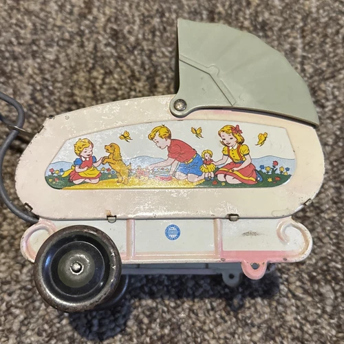 NICE 1950s Vintage Ohio Art Tin Litho Baby Buggy Carriage Stroller Lithograph