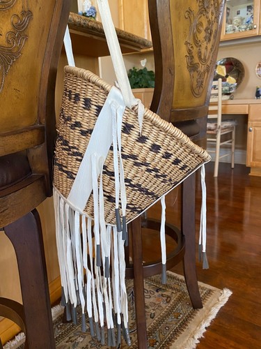 Vintage Lg Apache Burden Basket with Buckskin Handle Fringe and 48 Jingle Cones - Picture 8 of 22