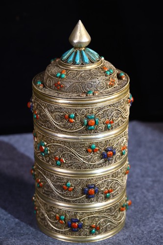 12" Large Nepal tibet silver inlay gemstone Tibetan Buddhist Spinn Prayer Wheel - Picture 7 of 9