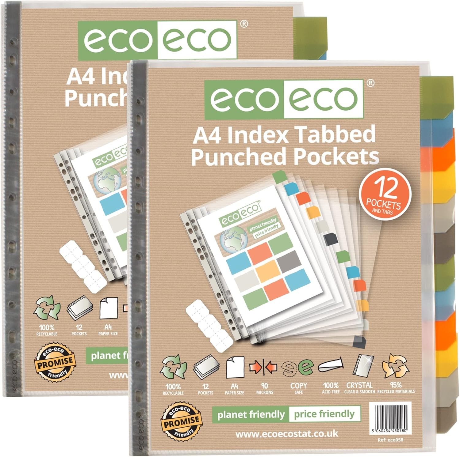 eco-eco A4 95% Recycled Set 12 Punched Poly Pockets with Divider Index Tabbed W