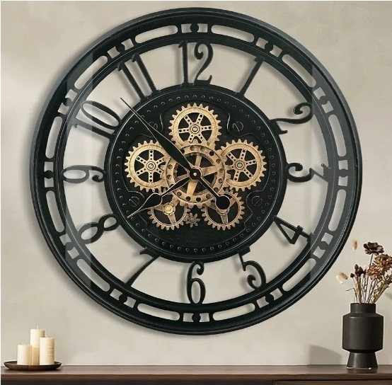 28 Inch Large Wall Clock Moving Gears Black Gold Industrial Steampunk Home Dec