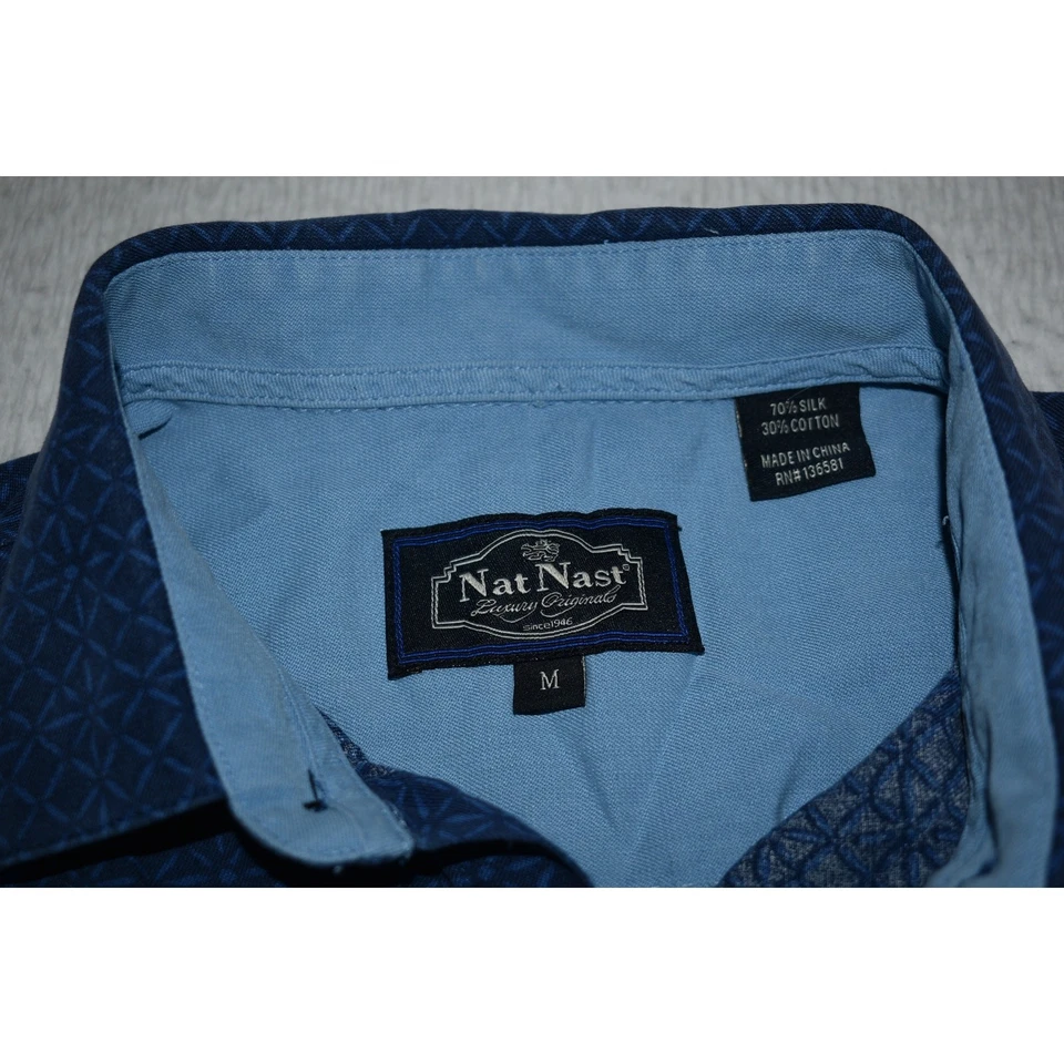 Nat Nast Hawaiian SILK Blend Shirt Mens Size Medium Tropical Blue Geometric - Image 4 of 4