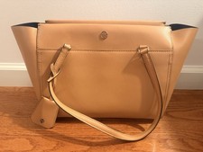 Tory Burch Tan Leather Tote Structured Shoulder Bag Navy Interior Dust Bag