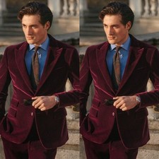 Burgundy Velvet Men's Suits Peak Lapel Formal Dinner Party Prom Men Tuxedos