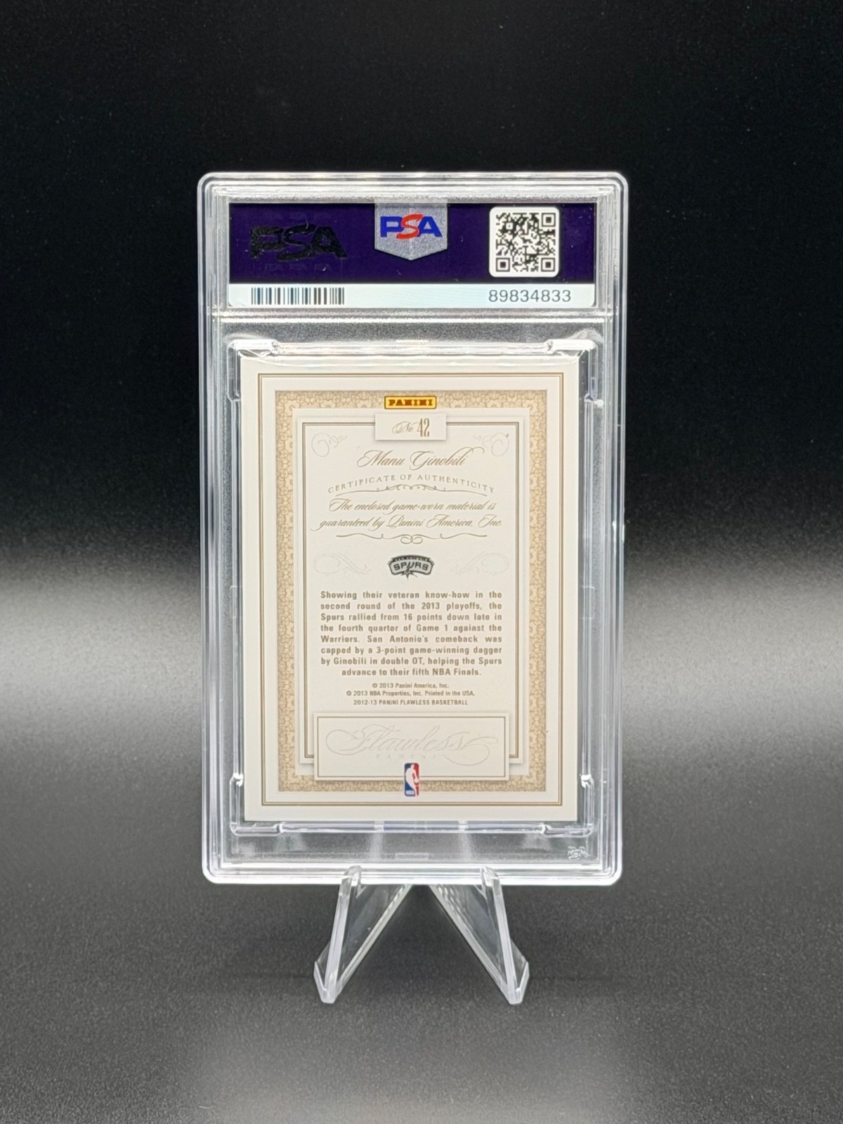 MANU GINOBILI 2012-13 Panini Flawless Game-Worn Patches 25/25 PSA 9 Mint (pop 1) view 2