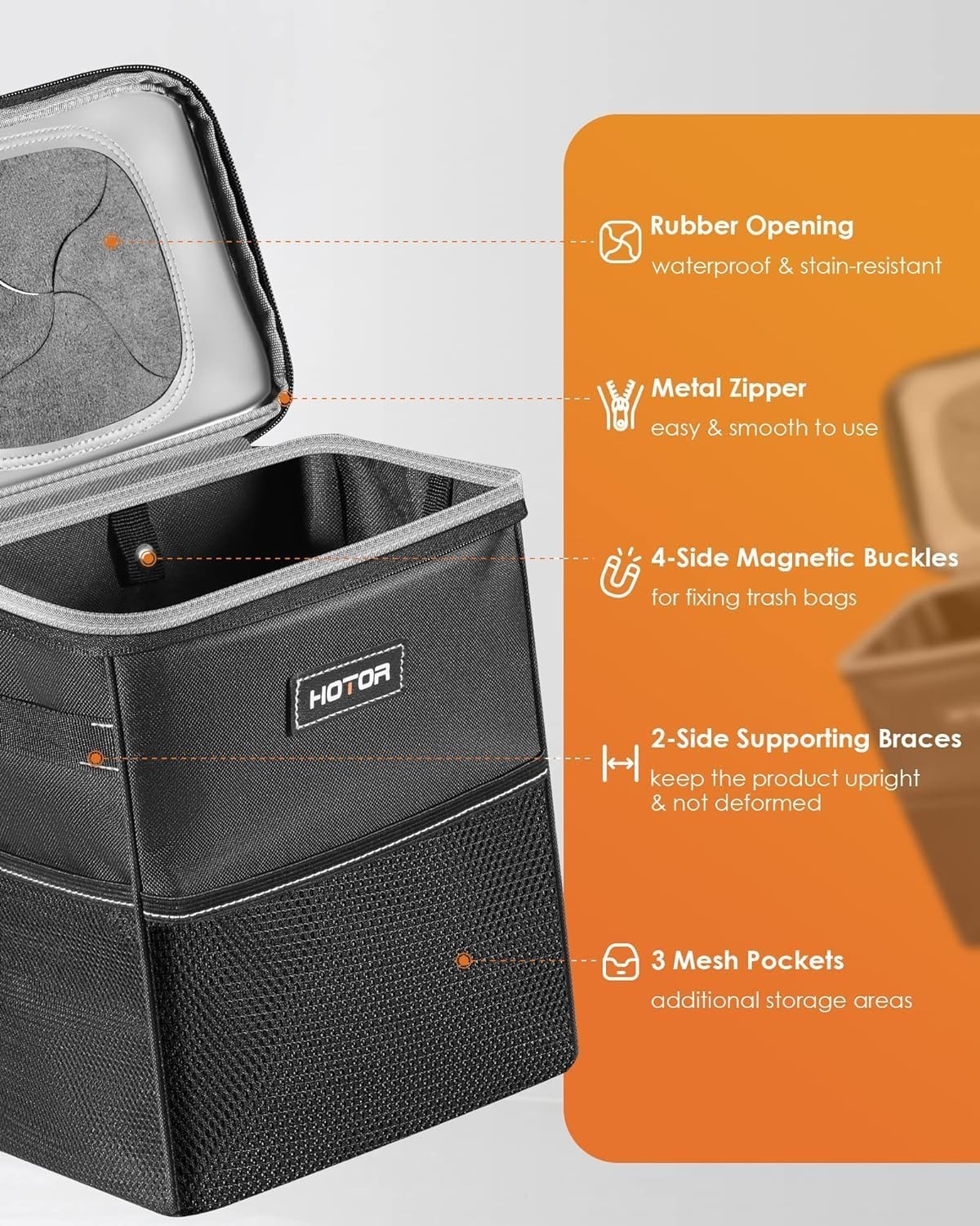 HOTOR Car Trash Can with Lid and Storage Pockets - 100% Leak-Proof Organizer, Wa