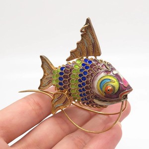 Authentic 925 Sterling Silver Gold Plated Enamel Antique Chinese Koi Fish Articulated Fob