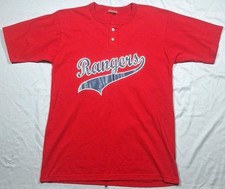 VTG Mens Texas Rangers Spellout Henley Neck T Shirt Size Large Red Made in USA