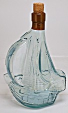 Vintage Aqua Glass Sailing Ship Decanter Bottle Cork Stopper Nautical Decor